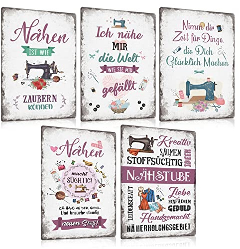 ESFIVHO 5er Set Nähen Vintage Blechschilder- Metallschild mit Nähmaschine Nähzeug Nadel Faden und Nähzubehör - Witzige Spruch Schild Wanddeko Geschenk für Nähzimmer Nähbegeisterte 20x30cm