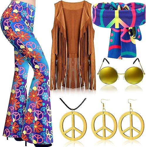 QTUN 7 Stück 60er 70er Jahre Hippie Bekleidung für Damen Hippie Kostüm Set mit Boho Schlaghosen Fransenweste Stirnband Hippie Kostüme Zubehör 70er Jahre Disco Outfit für Halloween Karneval Cosplay
