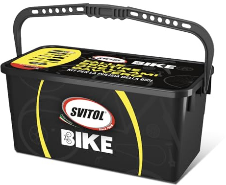 SVITOL Kit Pulizia Svitol Bike - Detergente Concentrato, Polish Lucidante | Lubrificante Catena Dry, Spugna, Spazzole e Secchiello, Set Completo per Pulizia Bici, Adatto a E-Bike