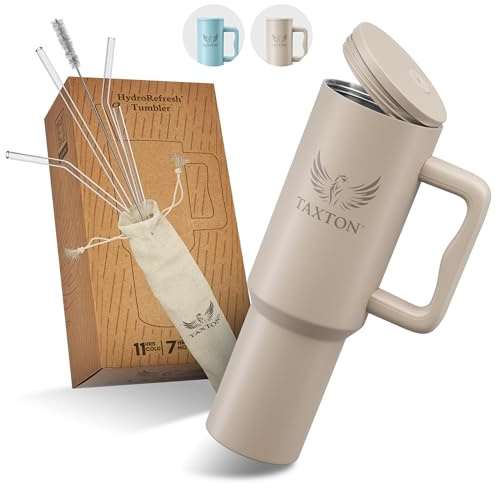 Taxton Trinkflasche [1,2 Liter] Isolierter Kaffeebecher to Go, Sportflasche - Hält 11h kalt & 7h heiß, mit Strohhalmset & Bürste- Sport, Outdoor, Wandern, Wasserflasche, Gym, Tumbler (Vanilla Vogue)