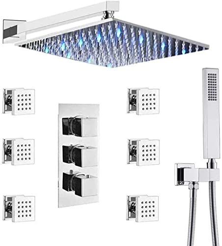 Sistema de ducha, sistema de cabezal de ducha tipo lluvia LED cromado montado en la pared de latón de 10-12 pulgadas con válvula mezcladora termostática y 6 rociadores corporales de masaje y juego