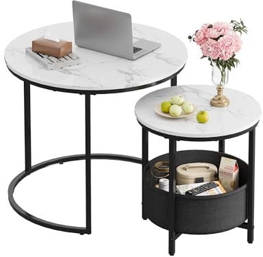 WLIVE Round Coffee Table Set of 2, 60X60X51cm Nesting Tables with Ample Storage, Wooden Wide Side Table with Sturdy Metal Frame for Living Room or Office, Marble White