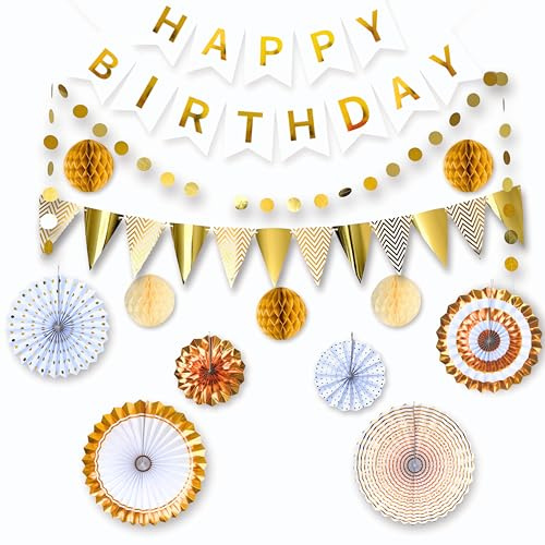 LowCarbonLife Geburtstagsdeko Weiß-Gold Set 14-teilig – Happy Birthday Girlande, Wimpelkette, Wabenbälle & Papierfächer – Partydeko für Kindergeburtstag & Geburtstag