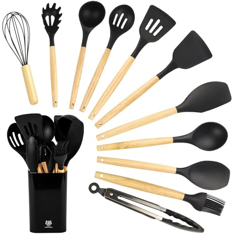 KARL HAUSMANN Set di utensili da cucina, colore nero, 12 pezzi, utensili da cucina in silicone, set di posate da cucina con blocco, resistente al calore, manico in legno, set da cucina Anithaft