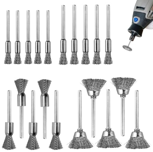 MOLZINY 20 pezzi spazzola metallica in acciaio inox spazzole in acciaio avvitatore a batteria fusto da 3 mm 4 misure (5/6/8/15 mm) spazzola metallica per Dremel spazzole abrasive per lucidatura
