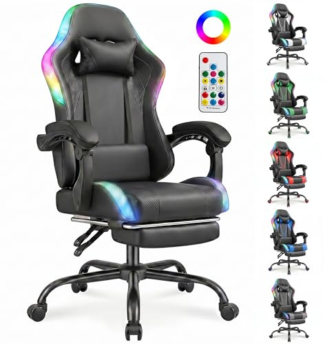 TRIUMPHKEY LED RGB Gaming Stuhl, Ergonomischer Neigbarer Büro Gaming Chair mit Kopfstütze Lendenwirbelstütze, Synchronisierte Armlehnen mit Fußstützen, Gamingstuhl für Junge Erwachsene,Schwarz,