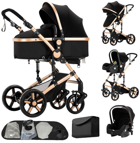 Passeggino trio, Passeggino 3 in 1, Navicella neonato, Sistema da viaggio e seggiolino auto, per neonati bambini 0-36 mesi (Nero Oro + Borsa per bebè)