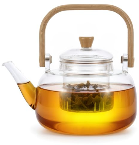 EVERGOODS Glass Teapot 800ML Glass Teapots Stovetop Safe Glass Teapot Clear Glass Tea Kettle with Removable Infuser for Blooming Flower Tea, 17cm Height, Borosilicate Glass Teapot for Loose Leaf