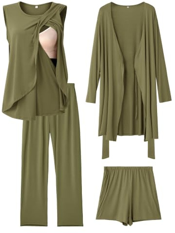 SUNNYBUY 4-delat mammatebröstpyjamasset med kimono, osynlig amning, för hem och fritid, graviditet och amning