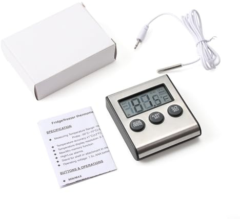 ComfyHarbor Termómetro digital para refrigerador con pantalla LCD, grabación máxima/mínima y alarma audible, sonda de acero inoxidable para nevera, 3 opciones de montaje, -50.0 °C