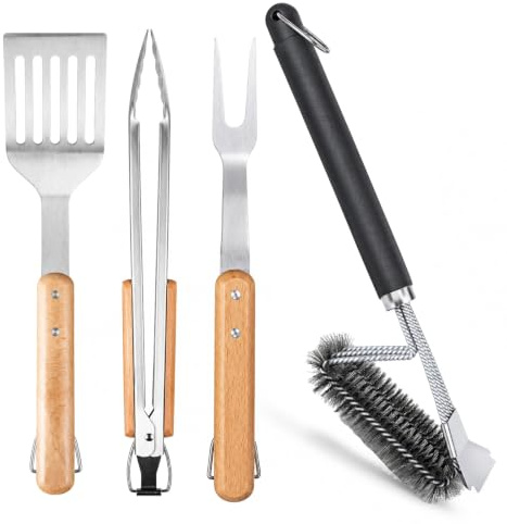 Utensilios Barbacoa INOX 4 Piezas con Pinzas, Tenedor, Cepillo y Espátula