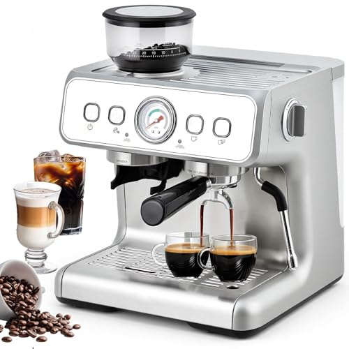 Acekool Cafetera cafetera italiana semiautomática profesional – Molinillo integrado, 30 niveles de molienda ajustable, bomba de 20 bares, vaporizador de leche, depósito de 2,8L, limpieza automática,