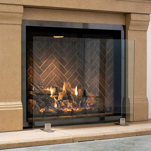 AMS Fireplace | Manhattan Modern Freestanding Frameless Clear Glass Fireplace Screen with Polished Metal Stainless Steel Feet Base (Medium Size: 39 W X 29 H)