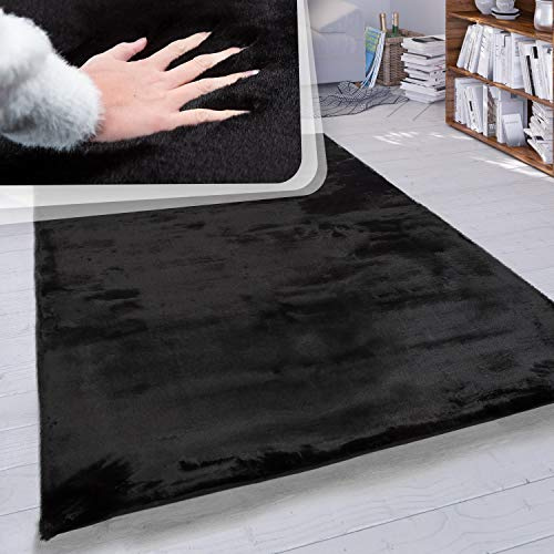 Paco Home Hochflor Teppich Wohnzimmer Schlafzimmer Shaggy Modern Flauschiger Fellteppich Weich Fell Imitat Kunstfell Einfarbig, Grösse:140x200, Farbe:Schwarz