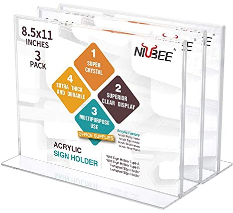 NIUBEE Acrylic Sign Holder 8.5x11 Inches 3 Pack Horizontal, T Shape Double Sided Clear Frames, Plastic Paper Flyer Display Holder, Document Menu Table Stand for Office, Store -Landscape