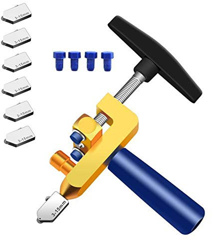 Szliyands Cortador de azulejos de vidrio, herramienta de corte de vidrio 2 en 1 con 6 cuchillas de corte adicionales, cortador de azulejos de vidrio para vidrio, espejo, azulejos de cerámica, azulejos