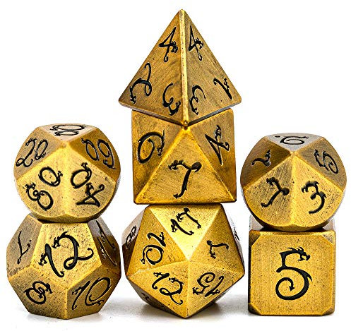 World of Dice Metallwürfel-Set Drachenwürfel - Golden Dream - Pen & Paper Würfel-Set aus Metall, 7-teiliges polyedrisches Set, für Dungeons and Dragons, DSA, Cthulhu, UVM.