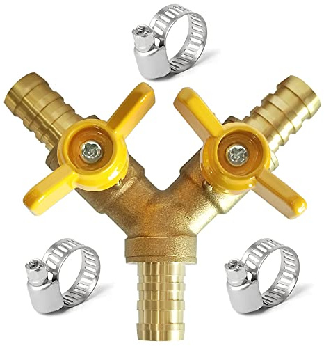 Uenede Válvula de bola de latón de 1/4 pulgadas en forma de Y de 3 vías con 2 interruptores de manguera de 1/4 pulgadas, incluye 3 abrazaderas de acero inoxidable para agua/aceite/gas