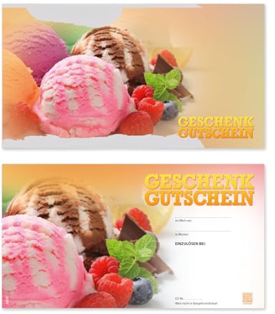 GESCHENKGUTSCHEINcom by POS-HAUER. 100 Gutscheine, blanko zum selber Ausfüllen. Für Eissalon Eis-Café Eisdiele Gastronomie.