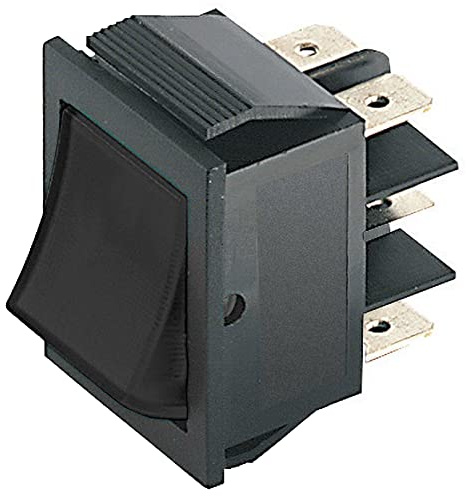 Deviatore bipolare a bilanciere DPDT bipolare ON-ON con tasto nero e con terminali faston 6,35mm, foro di montaggio 31x22,7mm, 250V 15A