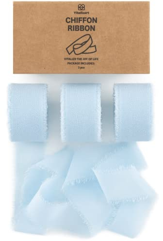 Vitalizart Himmelblau Schleifenband 2,5 cm x 19,2 m, Geschenkband Chiffonband Fransenstoffband, Bänder-Set für Hochzeitseinladung, Brautstrauß, Dekoration, Geschenkverpackung, Schleifenherstellung