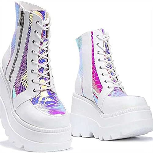 NUSGEAR 2023 Mujer Botas Plataforma cuña Zapato Señoras Nieve Botas Mujer Tacón alto Botas Cortas Tobillo de Cuero gotico punk Cálidas Invierno lentejuelas Cómodo Antideslizante cordón Casual Botas