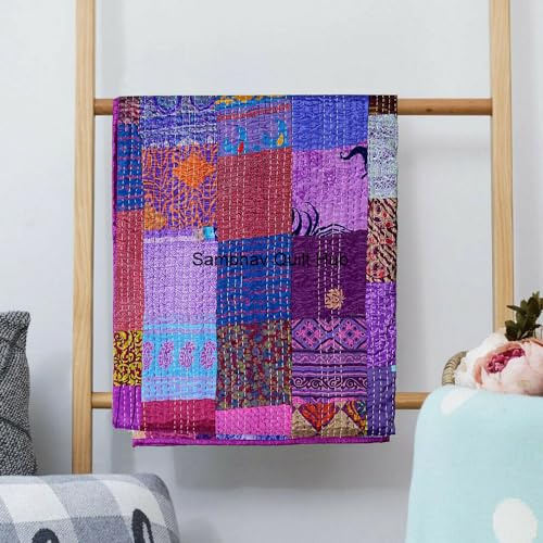 Colcha vintage hecha a mano de seda Sari Patchwork Kantha, colcha decorativa para el hogar, colchas hippie, tamaño king (morado, 108 x 120 pulgadas)