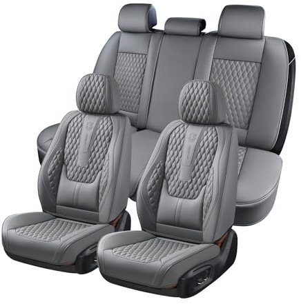 Coverado Car Seat Covers Full Set, Gray Seat Covers with Lumbar Support, Nappa Leather Seat Cushion Waterproof Auto Seat Protectors Universal Fit for Most Cars SUV Trucks