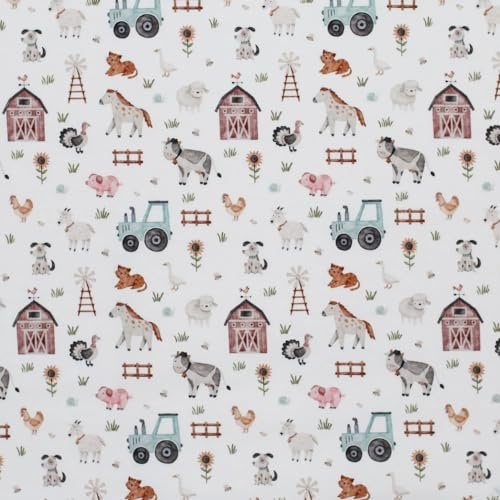 Baumwolljersey Meterware Jungen – Öko-Tex Standard 100 – Jersey Stoff ab 50 cm – elastisch & weich – für Baby- und Kinderkleidung Motive – am Stück zugeschnitten (Bauernhofleben)
