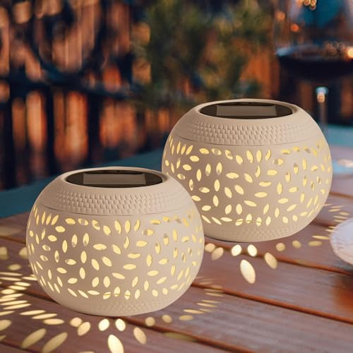 Solar Table Lanterns Outdoor Waterproof - 2 Pack LED Lamp White Metal Tabletop Light Solar Powered Decorative Lantern for Indoor Desk Bedroom Patio Garden Pathway Yard