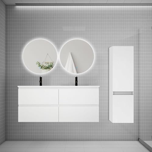 AICA Ensemble Meuble Salle de Bain Double Vasque 120cm avec lavabo + Colonne + Miroir Rond,Blanc