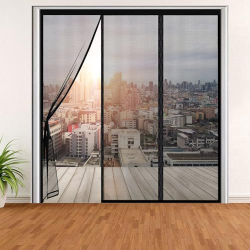 Aimanté pour sur Mesure 190x270cm Maille Dense Aimantée Rideau Anti Mouches Anti Insectes Avec Ruban Adhésif, Bâtons, Fermeture Automatique Noir