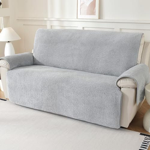 Royhom Dicker Lammfellbezug Sofa Überzug 3 Sitzer, Sofaschoner rutschfest für Leder-Couch, Waschbar, Superweicher Sofabezug, Hellgrau Couch Überzug für Kinder und Haustiere (Hellgrau, 3 Sitzer)