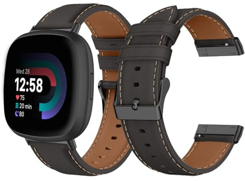 Leder Armband für Fitbit Versa 4/ Versa 3 / Fitbit Sense 2/ Sense, Schwarz | Damen Herren PU Leder Ersatzarmbänder Uhrenarmband für Fitbit Versa 4/Versa 3/Sense 2/Sense