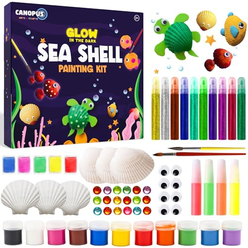 CANOPUS Sea Shell Painting Kit Full Set Glow in The Dark, Arts & Crafts Painting Gifts for Boys Girls, DIY Creative Craft Activities Toys for Age 5 +, Birthday Halloween Christmas Gifts