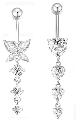 Gojewen 2pcs Plata Piercing Barras Ombligo 10mm Corazón Mariposa Dangle Ombligo Anillos 14G Acero Quirúrgico Piercing Joyería Mujeres