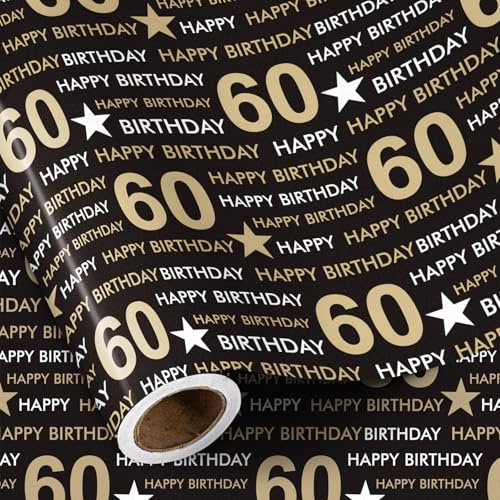 Ruspepa Födelsedag omslagspapper rulle för män kvinnor – minirulle – 60 grattis på födelsedagen presentpapper, svart och guld stjärnpapper för 60-årsdagen, fest eller andra fester – 43,2 cm x 5 m