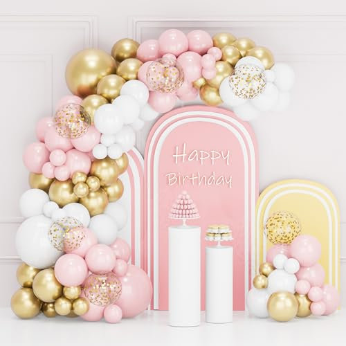 Ghirlanda di palloncini bianchi e rosa, in lattice, 100 pezzi, colore bianco opaco, rosa, metallico, oro, con coriandoli dorati, per decorazioni di compleanno per ragazze, donne, matrimoni,