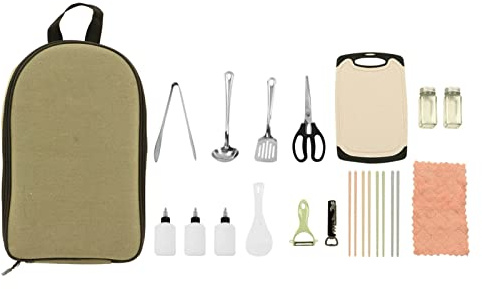 Glomora 15PCS Portable Camping Kitchen Utensil Set, Stainless Steel Camping Cooking Utensils Set with Storage Bag for Wilderness Cooking