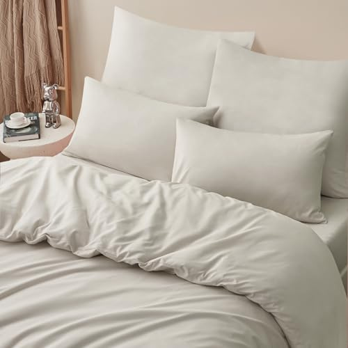 RUIKASI Parure de lit, 3 pièces, beige, housse de couette 220 x 240 cm et taies d'oreiller 80 x 80 cm, en microfibre, avec fermeture éclair, douce et infroissable
