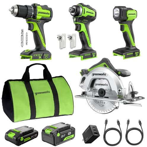 GREENWORKS 24V (4-TOOL) Combo (1/2” Drill + 1/4” Impact Driver + 6.5” Circular Saw + 200Lm Flashlight), 4.0Ah + 2.0Ah Batteries (24,000mAh Power Bank), (2) Braided Cables, 65W Rapid Charger
