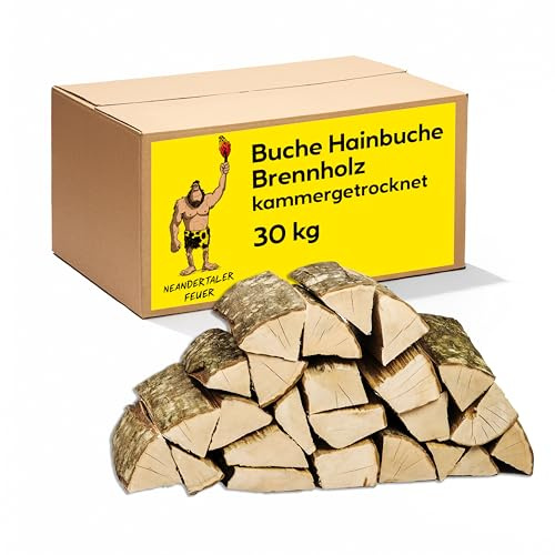Neandertaler Feuer Brennholz Feuerholz Buche - Grillholz 25 cm 30 kg Holz für Feuerschale Grill Pizzaofen Smoker Lagerfeuer | Räucherholz Hartholz Woodfire Dekoholz Laubholz