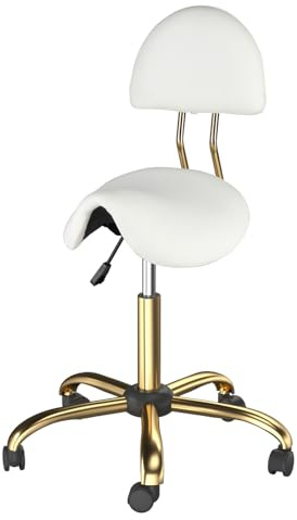 Bonnlo Saddle Stool with Wheels - Height Adjustable Swivel Stool with Backrest - for Salon Massage Home Kitchen Clinic, Weight Capacity 400lbs, White, Golden