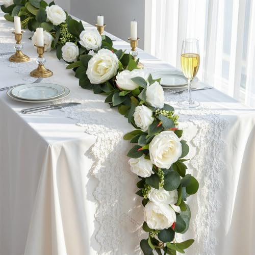 Lewondr Guirnalda de Eucalipto Artificial con Flores - 8 Rosas 8 Peonías, 2PCS 4M Guirnaldas de Flores Falsas, Enredaderas Florales Artificiales, Sin Mantenimiento para Decor Mesa,Estante, Blanco