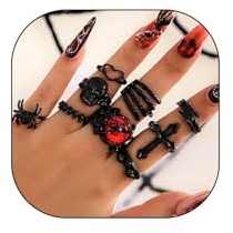 Dark Black Halloween Stacked Knuckle Joint Rings Set Cool Devil Eye Cross Skull Spider Statement Rings Adjustable Chunky Aesthetic Finger Rings Pack Jewelry Gifts (black)