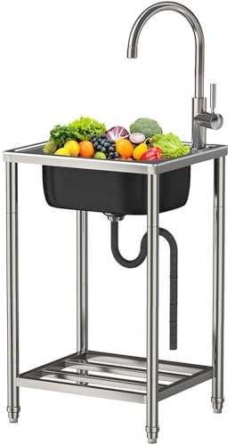 Utomhus handfat fristående handfat med varmt och kallt vatten kran rostfritt stål diskbänk diskbänk gastrohandfat mobil avlopp för utomhus/tvättstuga/garage/bakgård, lätt att rengöra