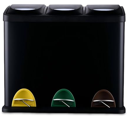 Relaxdays Mülleimer, 3 Fächer, 24 L, Fußpedal, Inneneimer, Mülltrenner Küche, HBT: 39,5 x 46 x 26,5 cm, Eisen, schwarz | Mülltrenner Küche, HBT: 39,5 x 46 x 26,5 cm, Eisen
