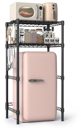 Hodonas Mini Fridge Stand with Adjustable Shelf, 2 Tier Storage Rack Organizer for Refrigerator & Microwave, Storage Shelves and Space Saver for Dorm Room, Office, Kitchen, Apartment, Garage, Black