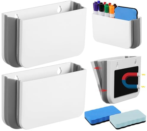 Lvjkes 2 st magnetisk pennhållare, vikbar magnetisk pennhållare med 2 magnetiska svampar, för förvaring av olika markörer, whiteboardsuddar, linjaler, vit