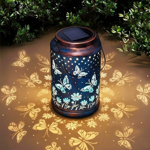 Mariposa azul calado lámparas solares para jardín exterior, farol solar al aire libre, regalos para mujeres, mamá, madres, lámparas solares para exteriores, balcón, terrazas, decoración de mesa